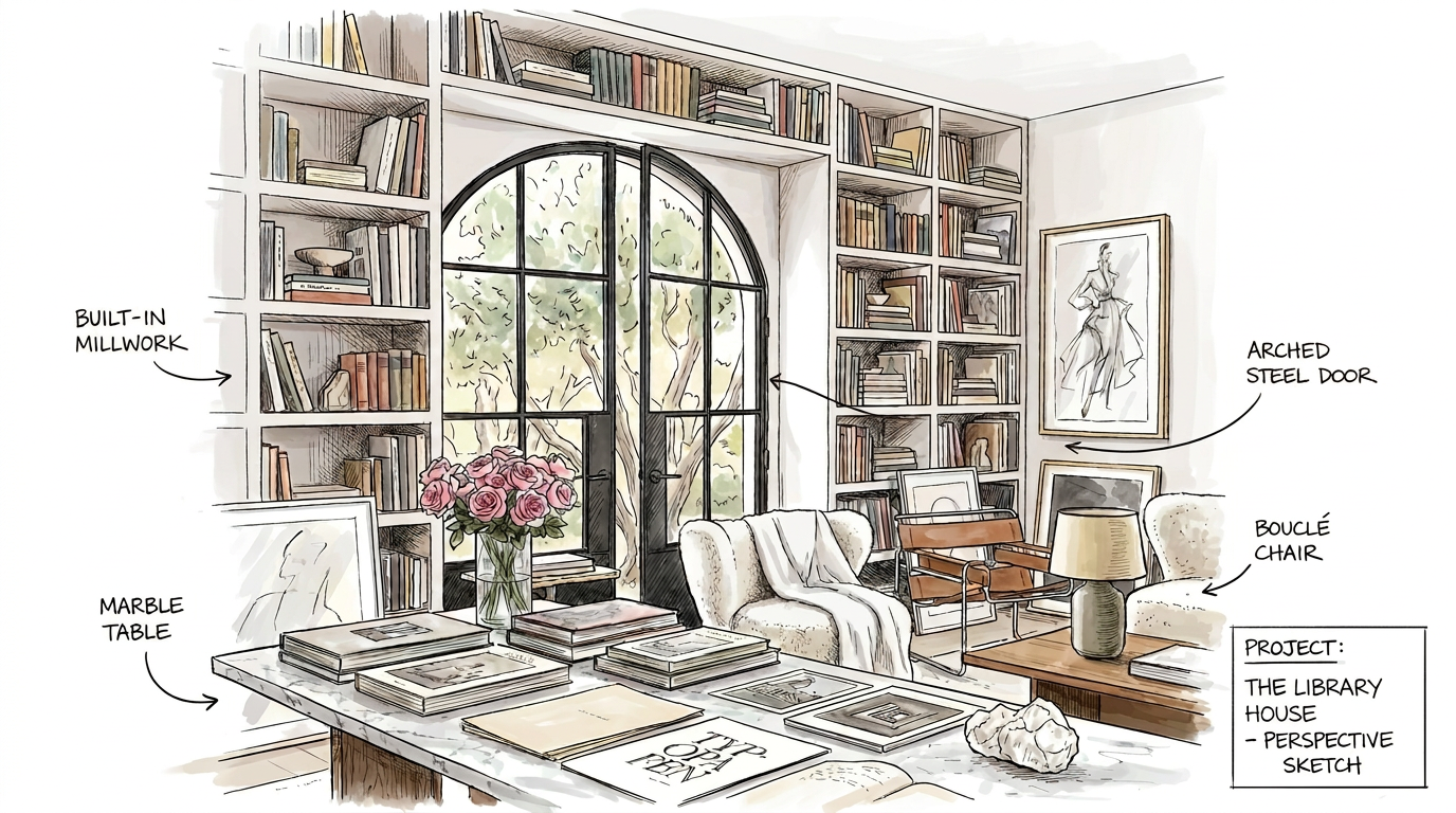 Some rooms are designed to be walked through, but I prefer the ones that make you want to cancel your plans. This residential concept began with a love of libraries and developed through drawings, materials, furnishings, and a few very good reasons t