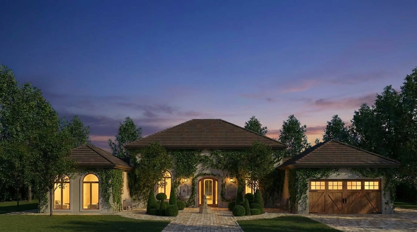 A medium-sized French chateau-style home with a brown tiled roof, creamy plaster covered in green ivy, arched windows glowing with warm light, and a wooden front and garage door is surrounded by a landscaped yard with trees and shrubbery at dusk.