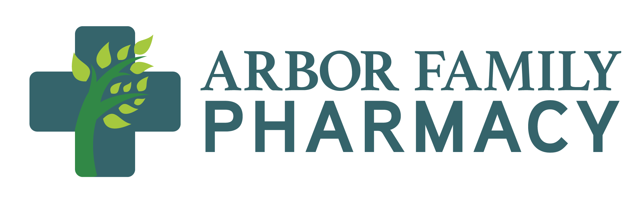 Arbor Family Pharmacy logo with green cross and tree design.