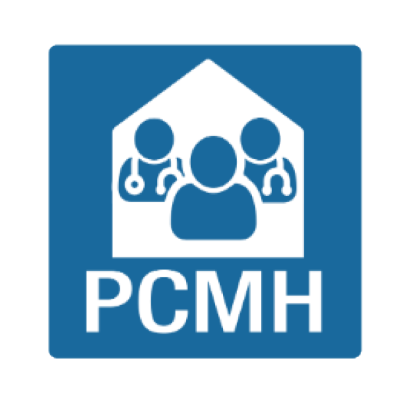 PCMH logo with silhouette figures of healthcare professionals inside a house shape on a blue background.