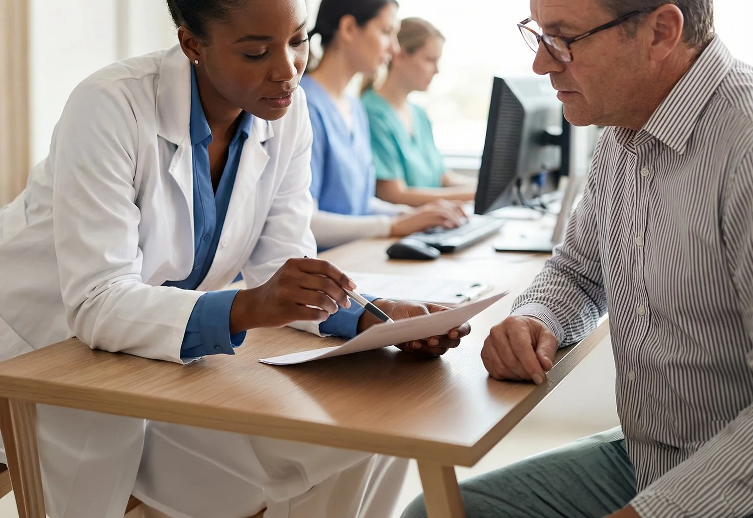 Medical professional discussing paperwork with a male patient in a healthcare setting.