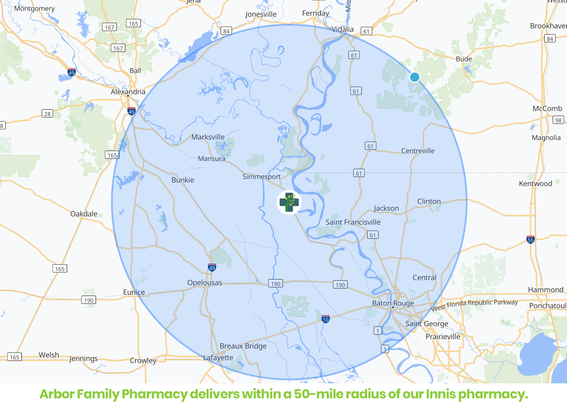 Map of a 50-mile radius around an Innis Pharmacy in Louisiana