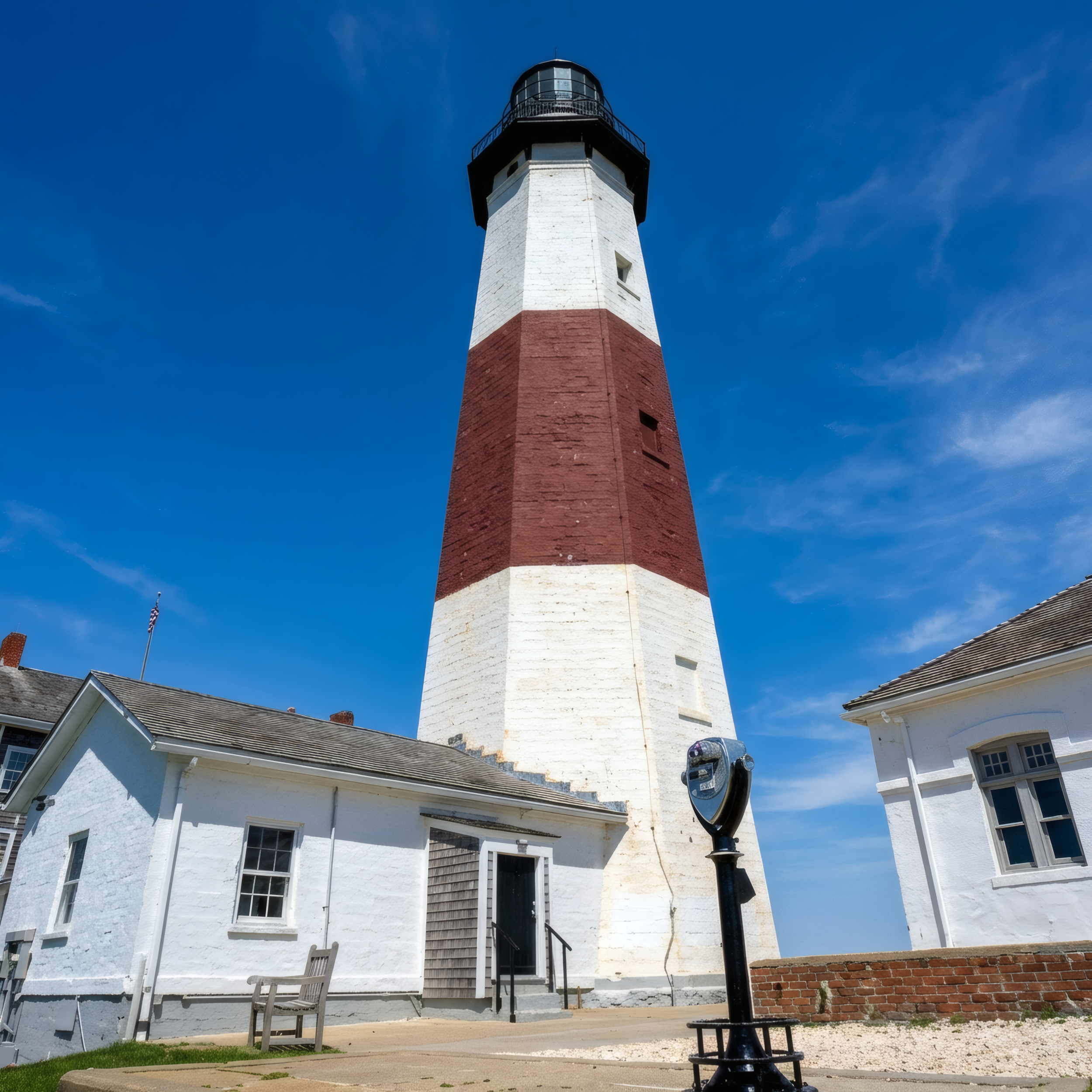 The Mountauk Point Lighthouse painted with white and red horizontal stripes standing against a clear blue sky, surrounded by white buildings and a parking meter.