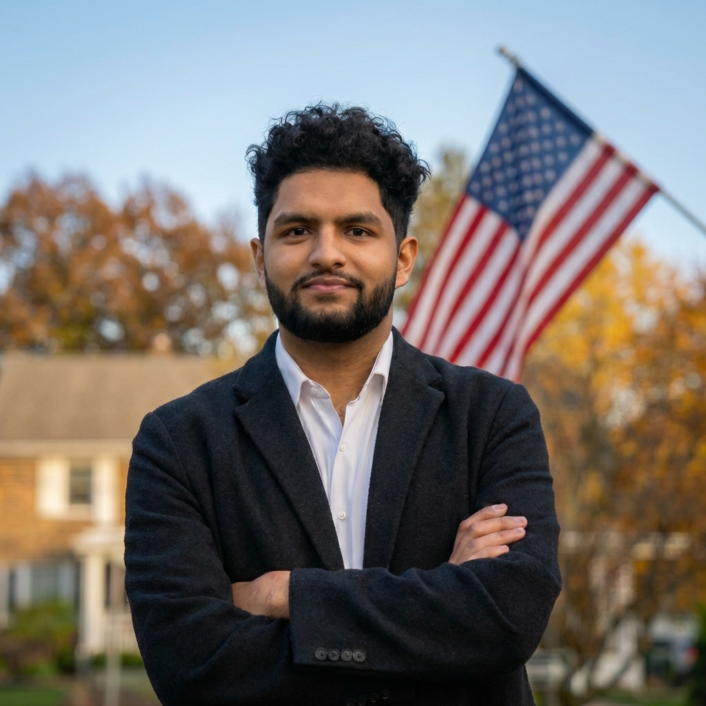 A young man, Farzeen Bham, with dark curly hair and a beard stands outdoors with his arms crossed, wearing a dark blazer over a white shirt, with an American flag in the background during autumn.