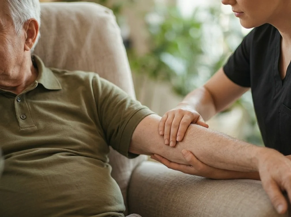 A caregiver examining an elderly man's arm.