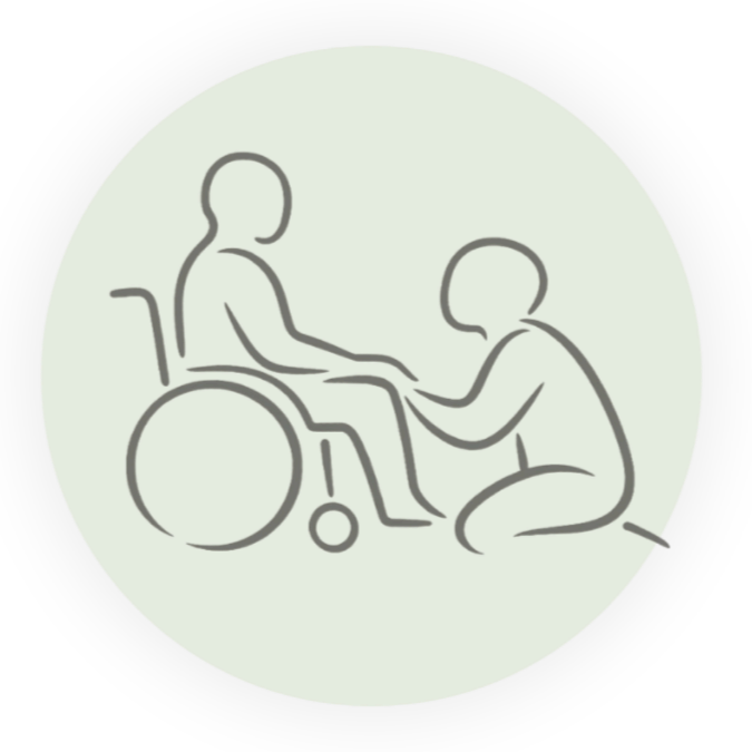 Illustration of a person in a wheelchair receiving assistance from another person.
