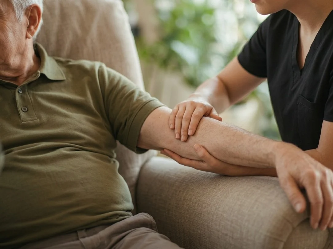 A caregiver or healthcare worker assisting an elderly man by holding and supporting his arm.