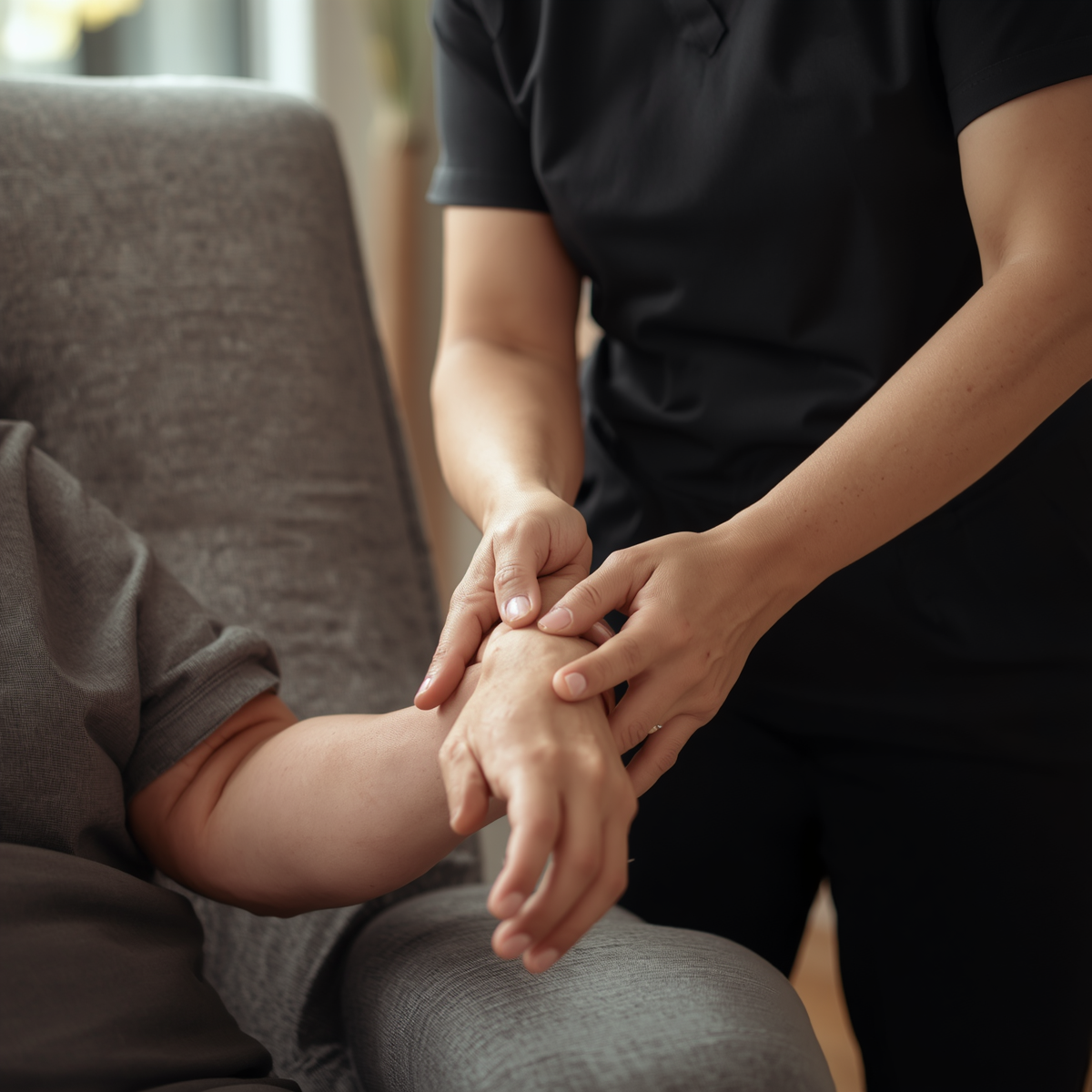 A person in black clothing provides physical therapy by holding and supporting an elderly patient's arm and hand.