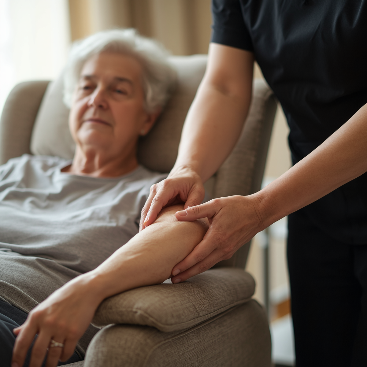 A caregiver examining an elderly woman's arm while she rests on a couch.