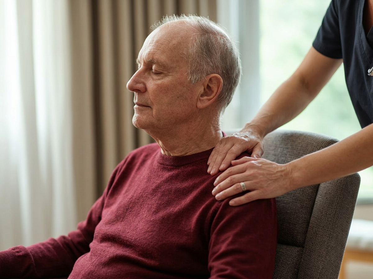 An elderly man with closed eyes receiving a shoulder massage from a healthcare professional in a room with natural light.