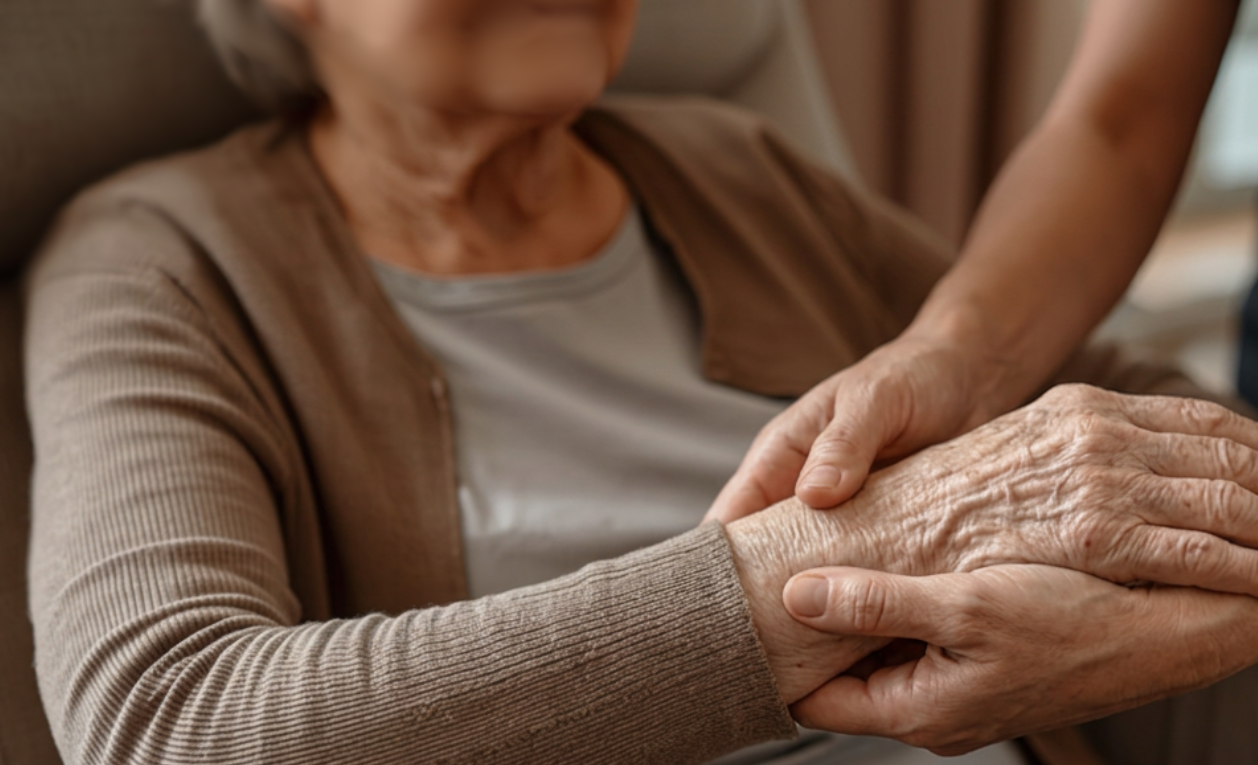 A caregiver holding and comforting an elderly person's hand.