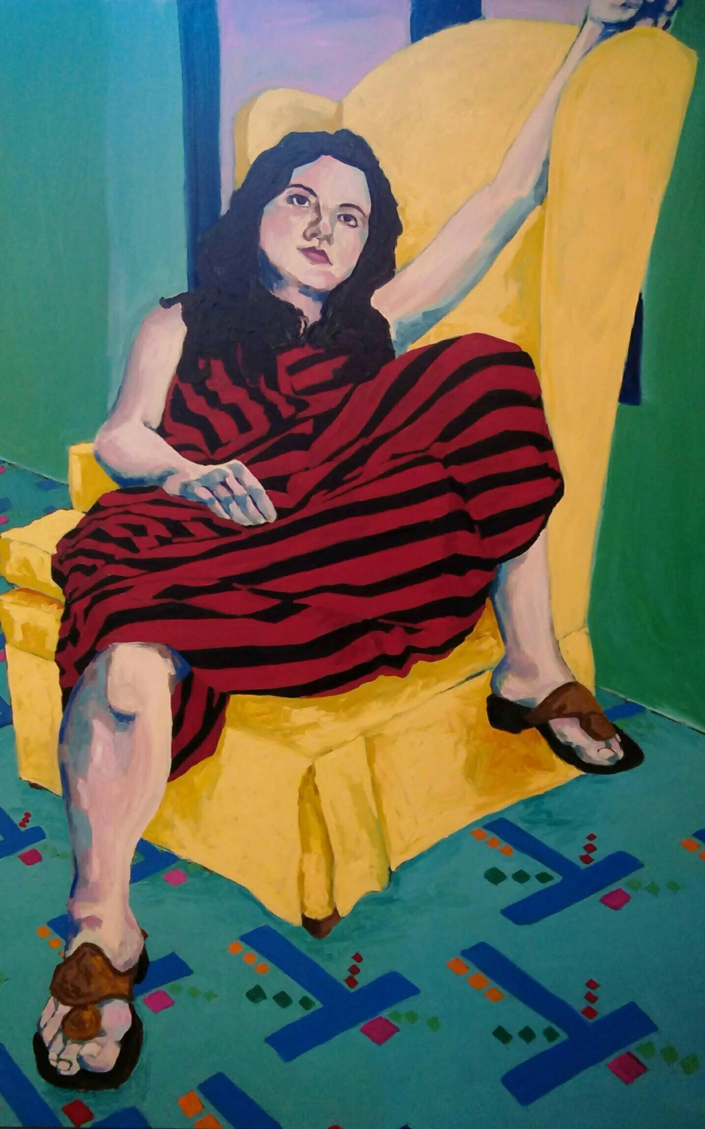 Painting of a woman sitting in a yellow armchair with her leg extended, wearing a red and black striped dress and brown sandals, with a colorful patterned floor and green and purple background.