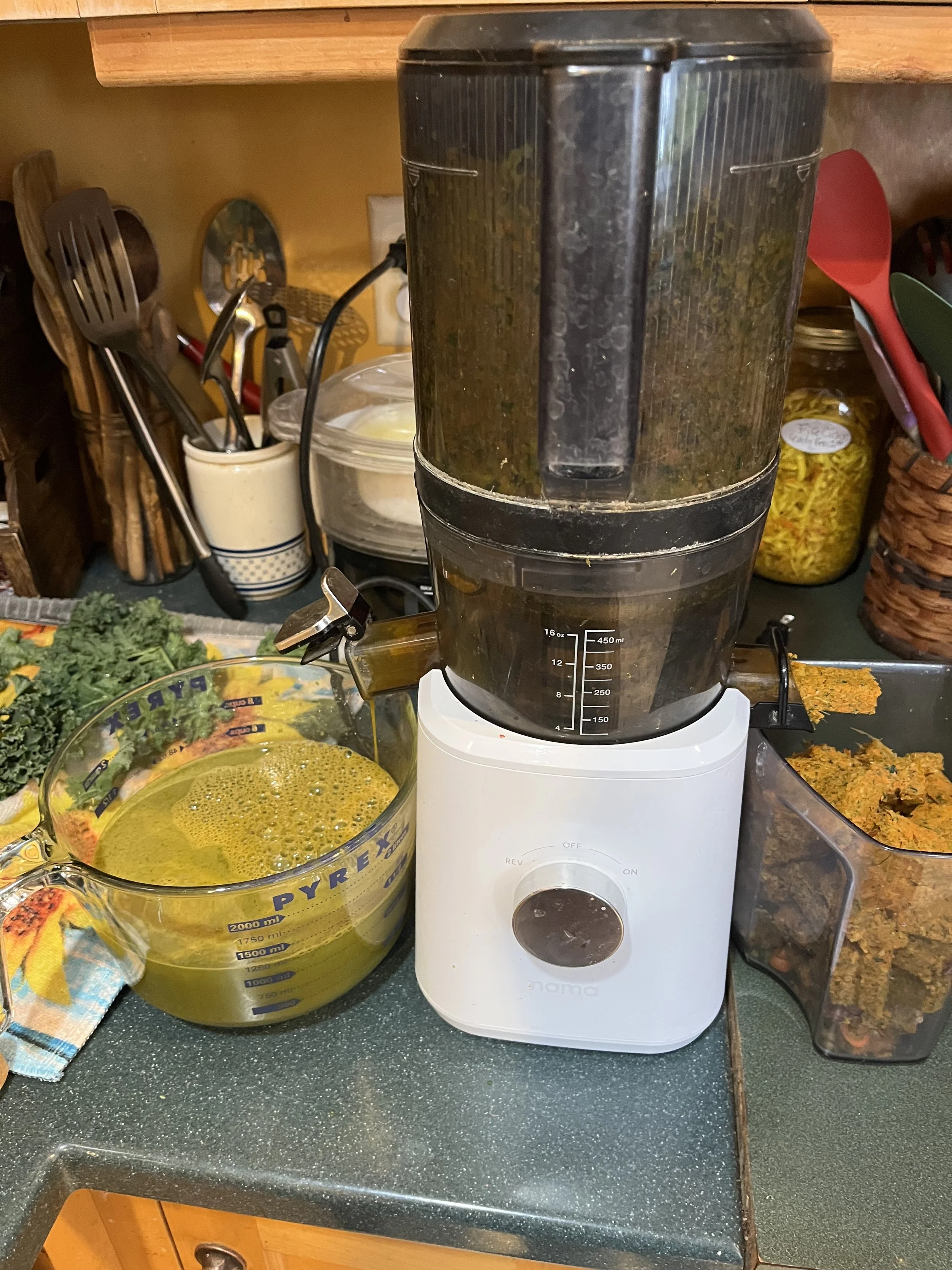 A kitchen countertop with a white blender filled with blended green liquid, a glass measuring cup with a frothy yellow-green liquid, and a food processor filled with blended ingredients. There are various kitchen utensils, jars, and containers in the background.