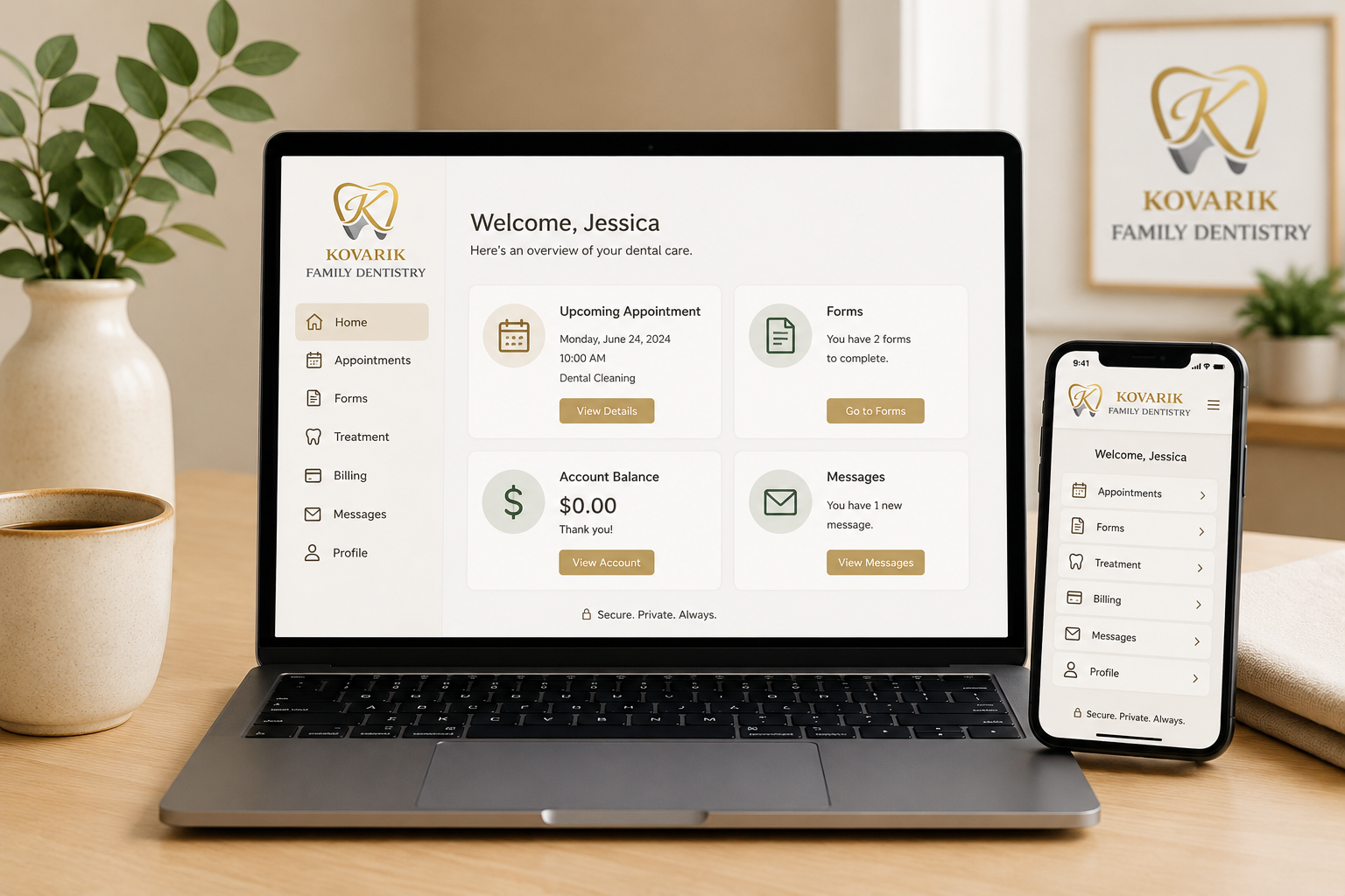 Laptop and smartphone displaying a dental office's appointment management app. The laptop screen shows a welcome message to Jessica, upcoming appointment details, account balance, forms, and messages. The smartphone shows a simplified version of the same app with navigation options for appointments, forms, treatment, billing, messages, and profile, all branded with Kovarik Family Dentistry logo.