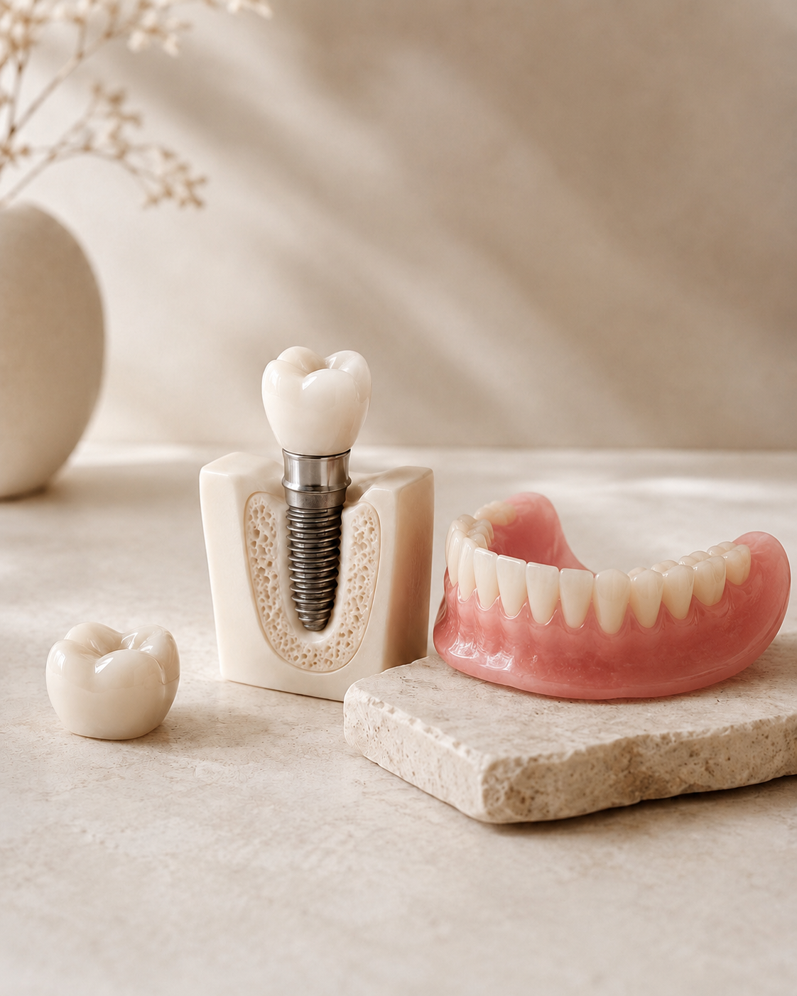 Dental implant model, porcelain crown, full set of dentures, and a tooth on a light-colored surface.