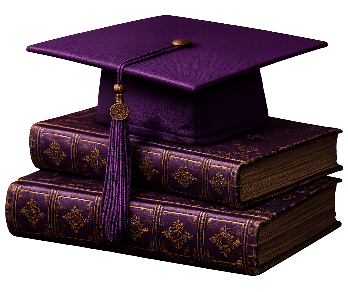 Stack of three old, ornate, purple books with gold embellishments, topped with a purple graduation cap with a tassel.