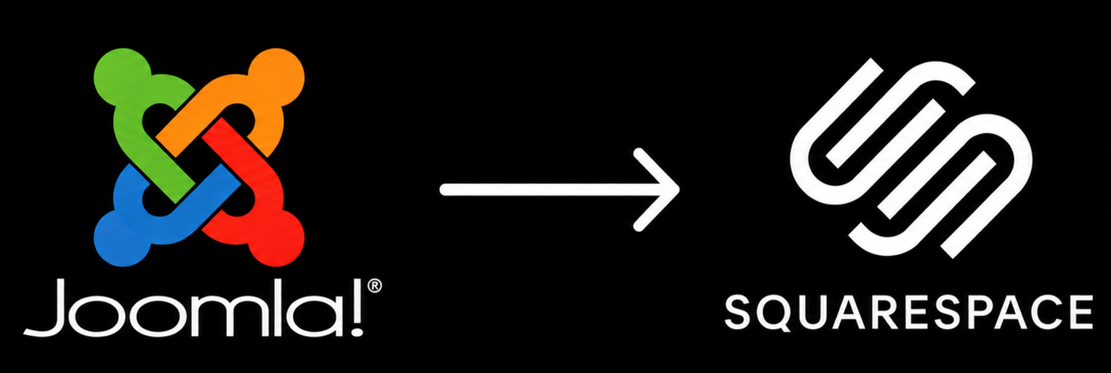 Joomla Logo with an arrow pointing to the squarespace logo.