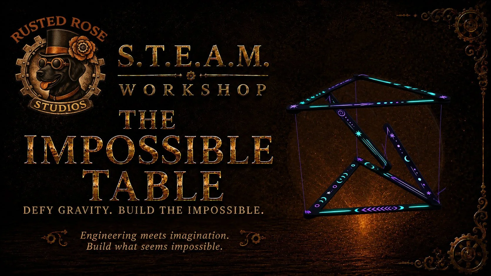 Promotional graphic for Rusted Rose Studios’ “The Impossible Table” S.T.E.A.M. workshop, featuring gold text on a dark steampunk-style background and a glowing geometric table sculpture decorated with neon celestial designs.