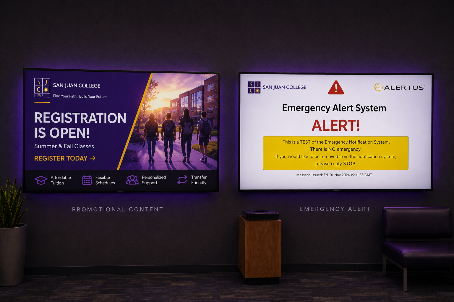 Mockup of San Juan College digital signage featuring promotional content and an emergency alert display.