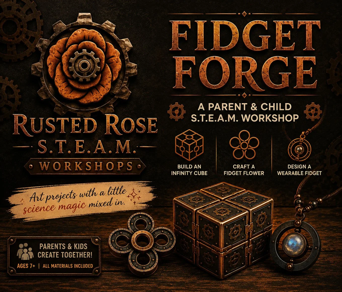 Flyer. Fidget ForgeArt Projects with a little magic. Build and infinity Cube. Craft a fidget flower. Design a wearable fidget. Parents and kids create together!. Ages 7+ all materials included . 