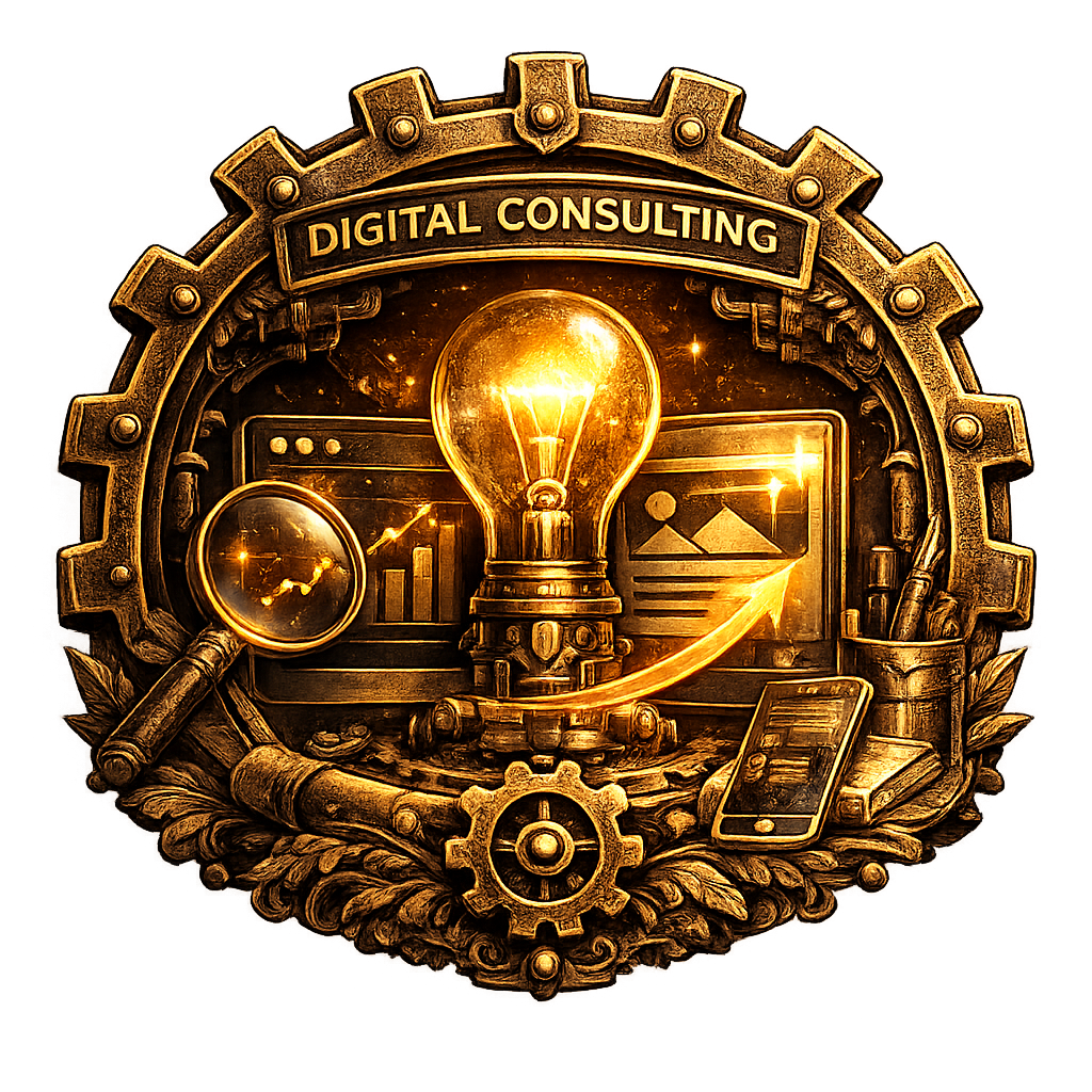 A golden emblem with the words 'Digital Consulting,' featuring a light bulb, magnifying glass, smartphone, graphs, and gears, representing technology and innovation.