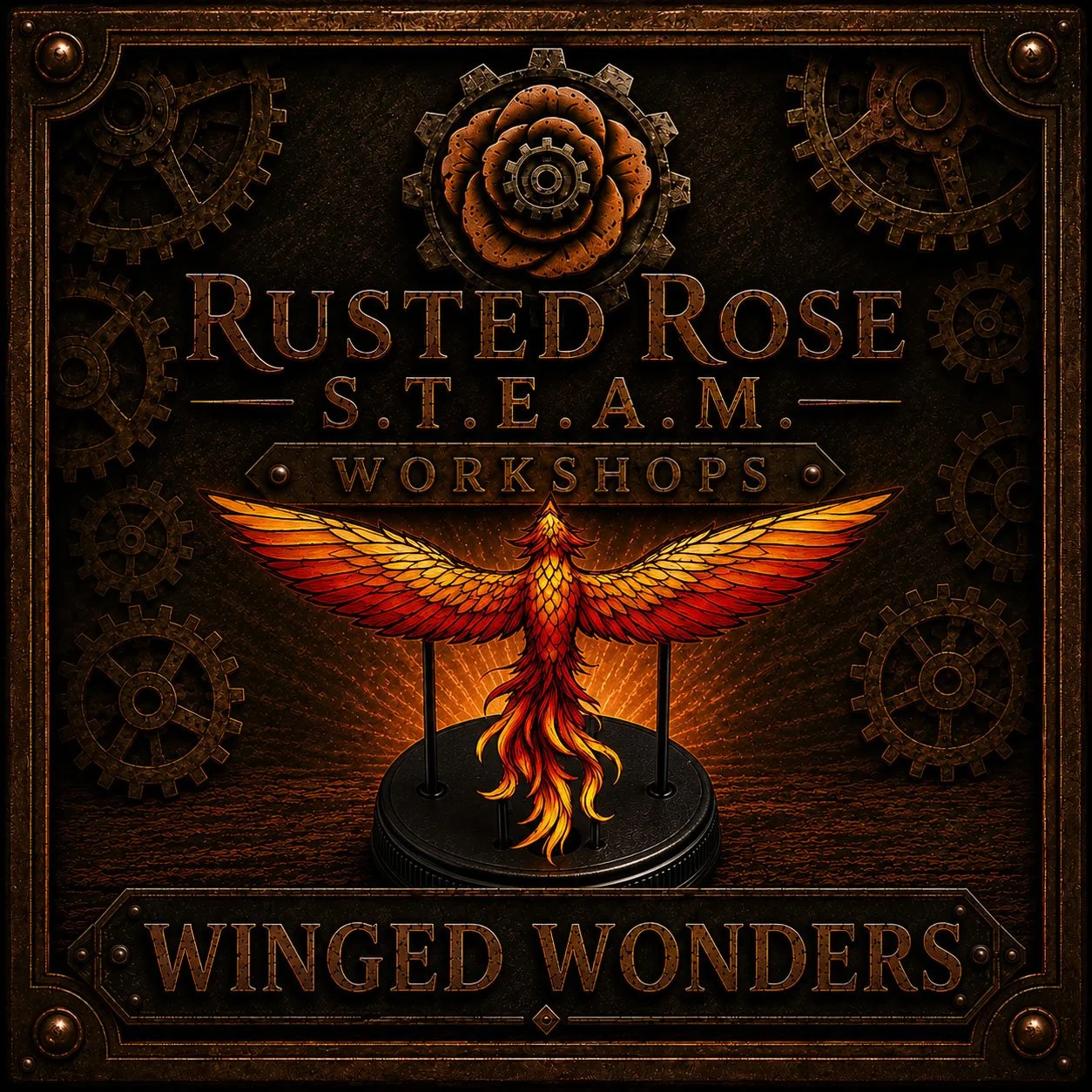 Winged Wonders Rusted Rose S.T.E.A.M. Workshops card showing a mockup of a kinetic pheonix sculpture.
