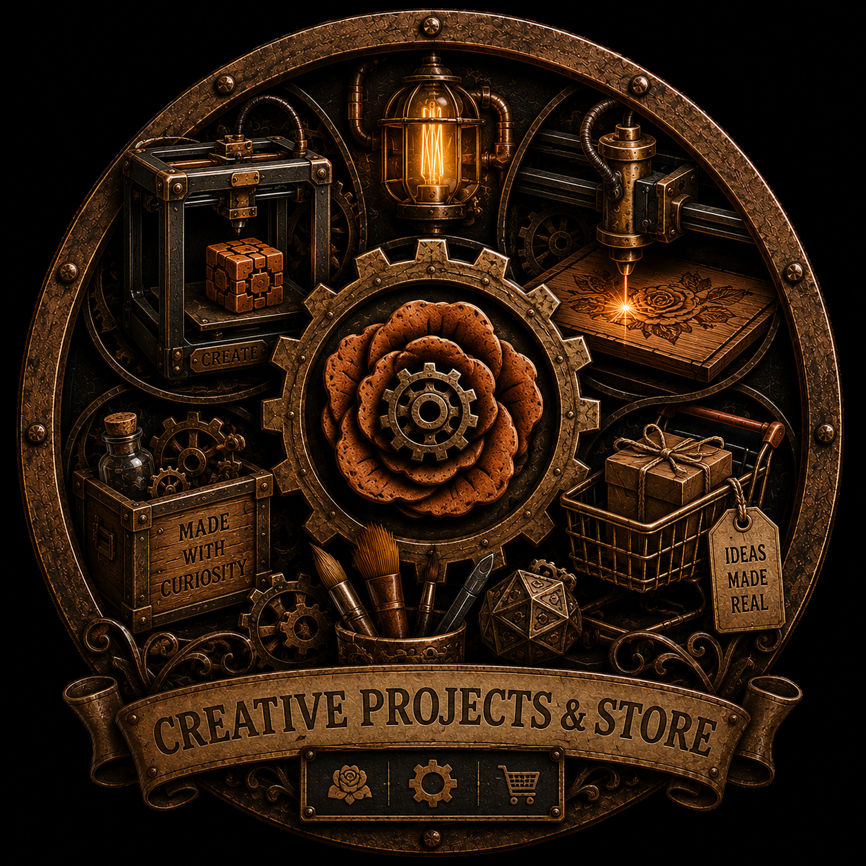 Steampunk-inspired creation and store of innovative projects, featuring gears, a cookie, a laser engraver, a light bulb, art supplies, a shopping cart, and a box labeled 'Made with Curiosity' and 'Ideas Made Real'.