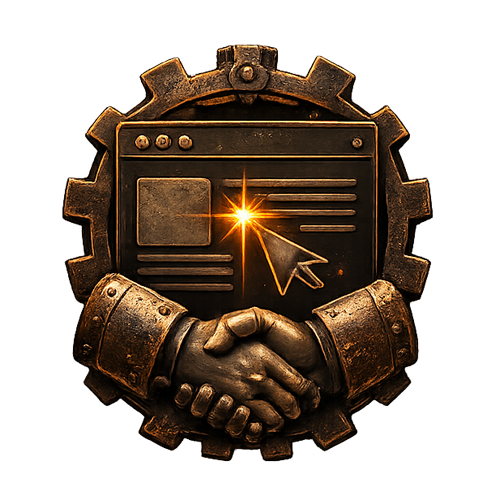 A digital illustration of a computer document icon with a cursor and a starburst effect, surrounded by a metallic gear and handshake symbols, symbolizing technology and collaboration.