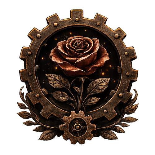 A bronze gear surrounding a glowing rose with detailed leaves, set against a dark background with small sparkling lights.