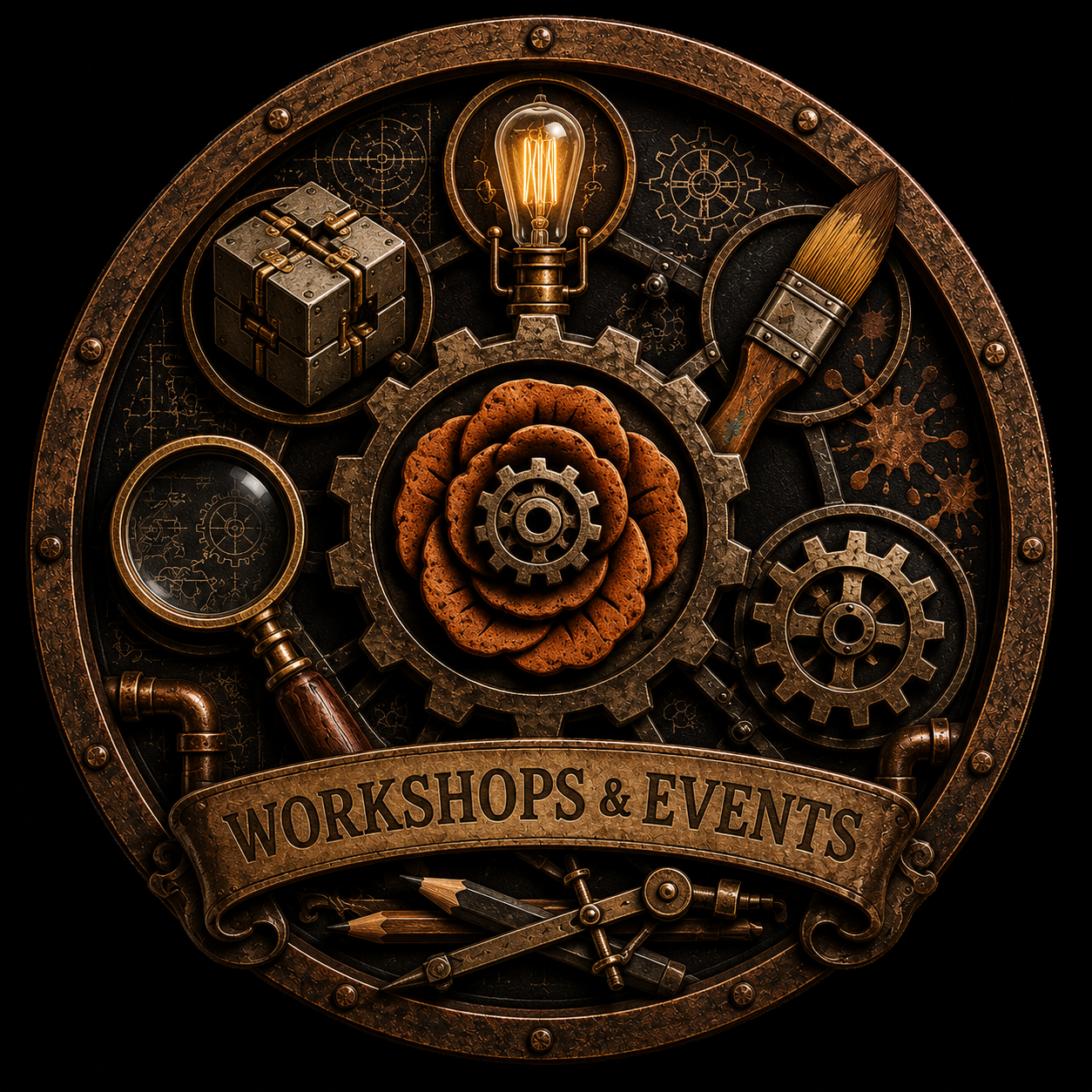 Steampunk-inspired design with gears, magnifying glass, light bulb, paintbrush, cookies, and a banner reading 'WORKSHOPS & EVENTS'.