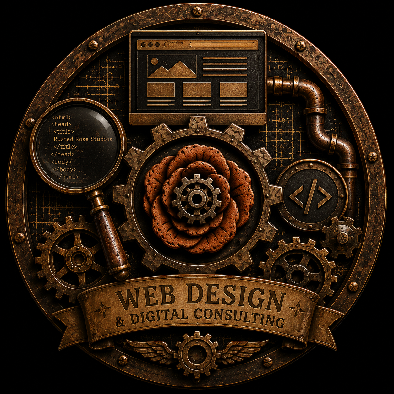 Steampunk-style logo for web design and digital consulting featuring gears, cogs, a magnifying glass with HTML code, a monitor, decorative pipes, and a banner with the text 'Web Design & Digital Consulting.