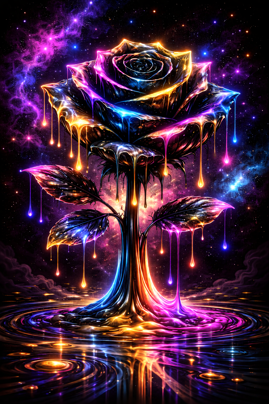 a fantasy style image of a rose dripping like its melting in a space background
