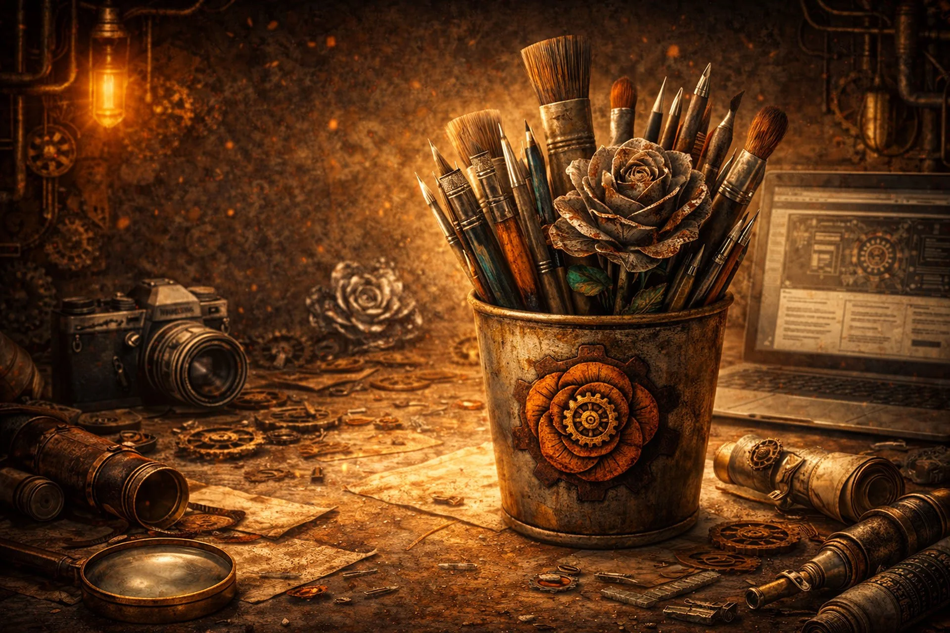 Rusted Metal bucket with the Rusted Rose Studios icon on itfull of paintbrushes on a work bench