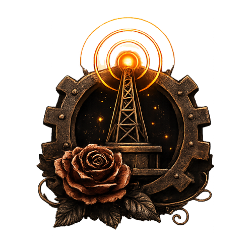 A metallic gear with a radio tower emitting signals at the center, surrounded by a blooming flower at the bottom, set against a dark background with glowing lights.
