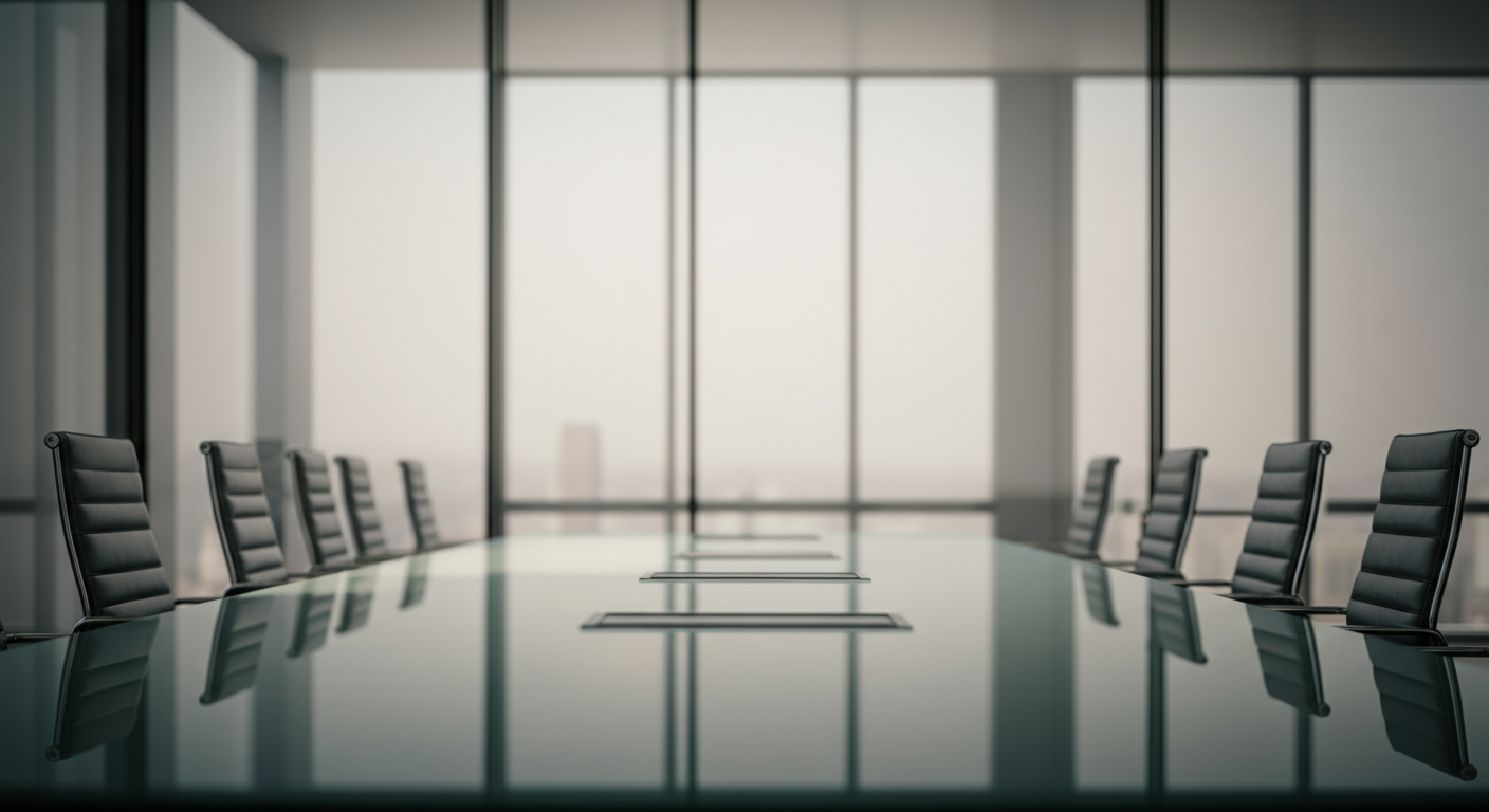 Empty modern conference room with a long glass table and black leather chairs, large windows in the background.