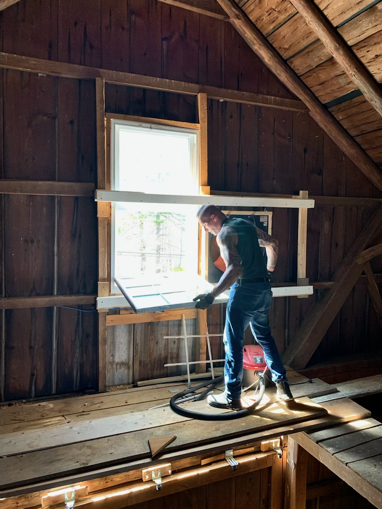 A man working on a construction project inside an attic, installing or repairing a window with sunlight streaming through.