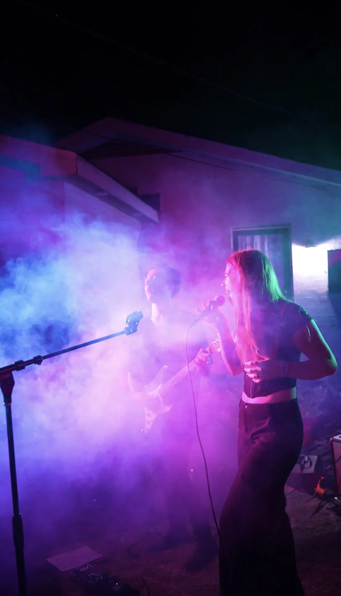 A singer with long hair holding a microphone performs on stage, accompanied by a guitarist, in a colorful, smoky atmosphere with neon lights.