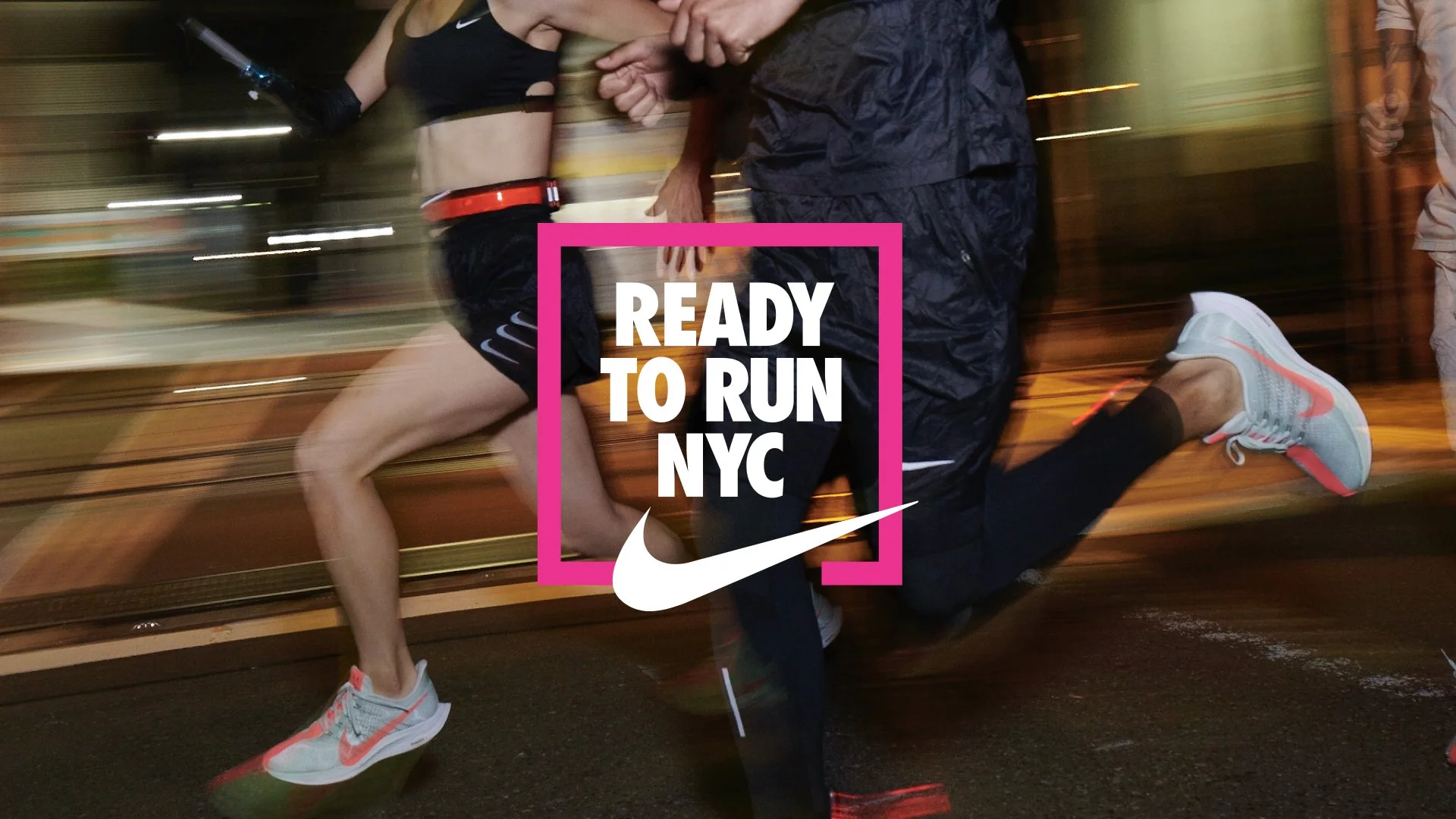 Two runners in Nike running shoes, one in black athletic wear and the other in a sports bra and shorts, running on a city street at night. Overlay text reads 'Ready to Run NYC' with a Nike swoosh logo.