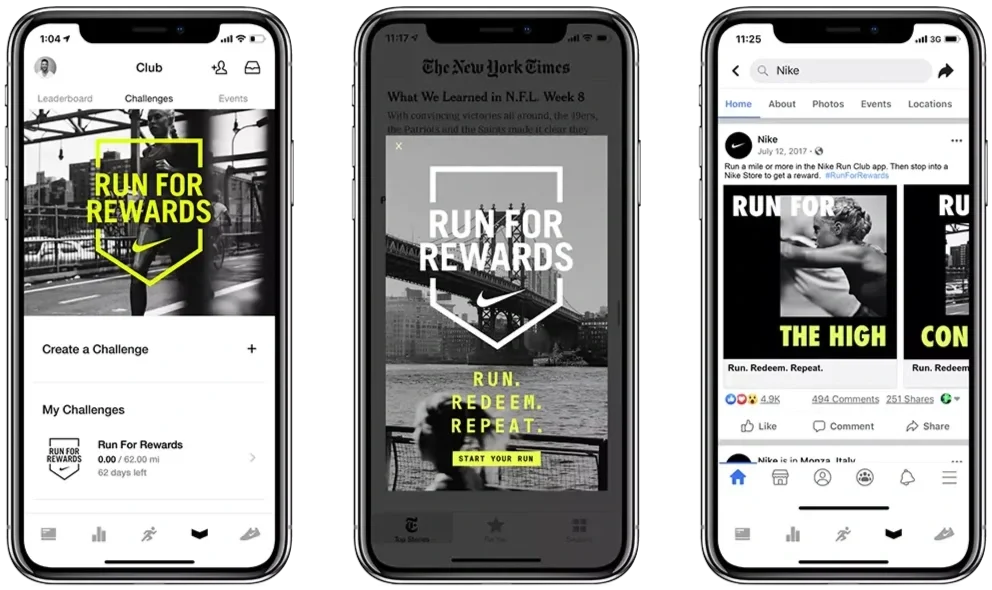 Screenshots of a mobile app named 'Run for Rewards' with promotional images and text like 'RUN FOR REWARDS,' 'RUN. REDEEM. REPEAT,' and 'Start your run,' displayed on three different phones.