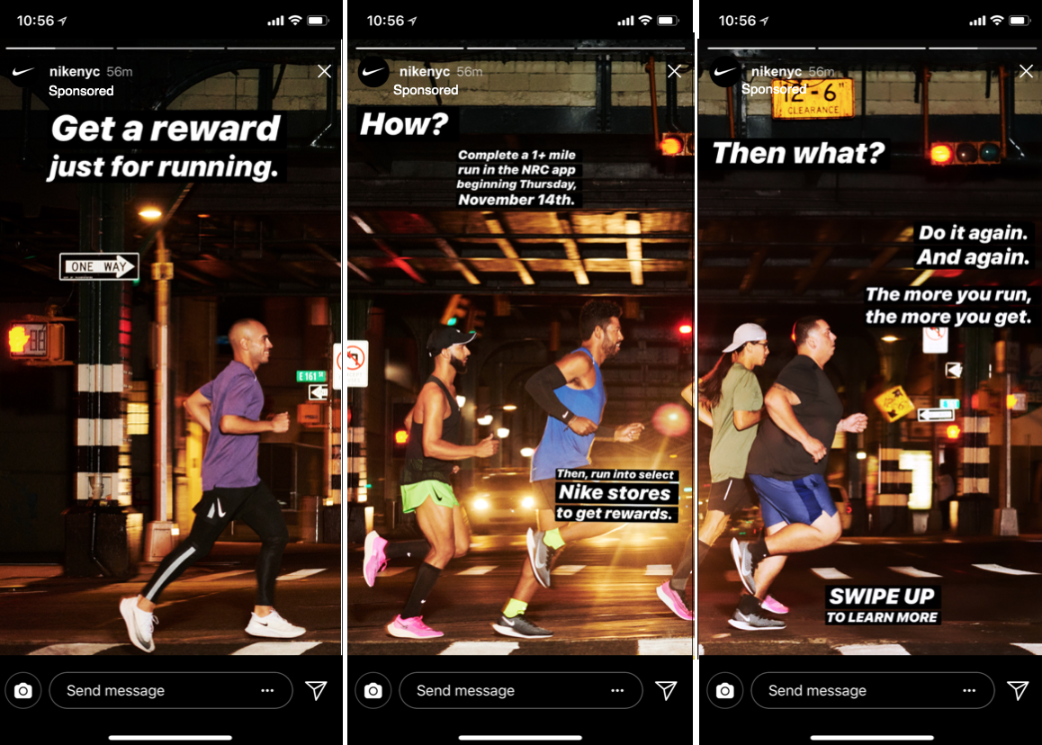 Three groups of people running under an overpass at night in an urban setting, with streetlights and traffic signals visible.