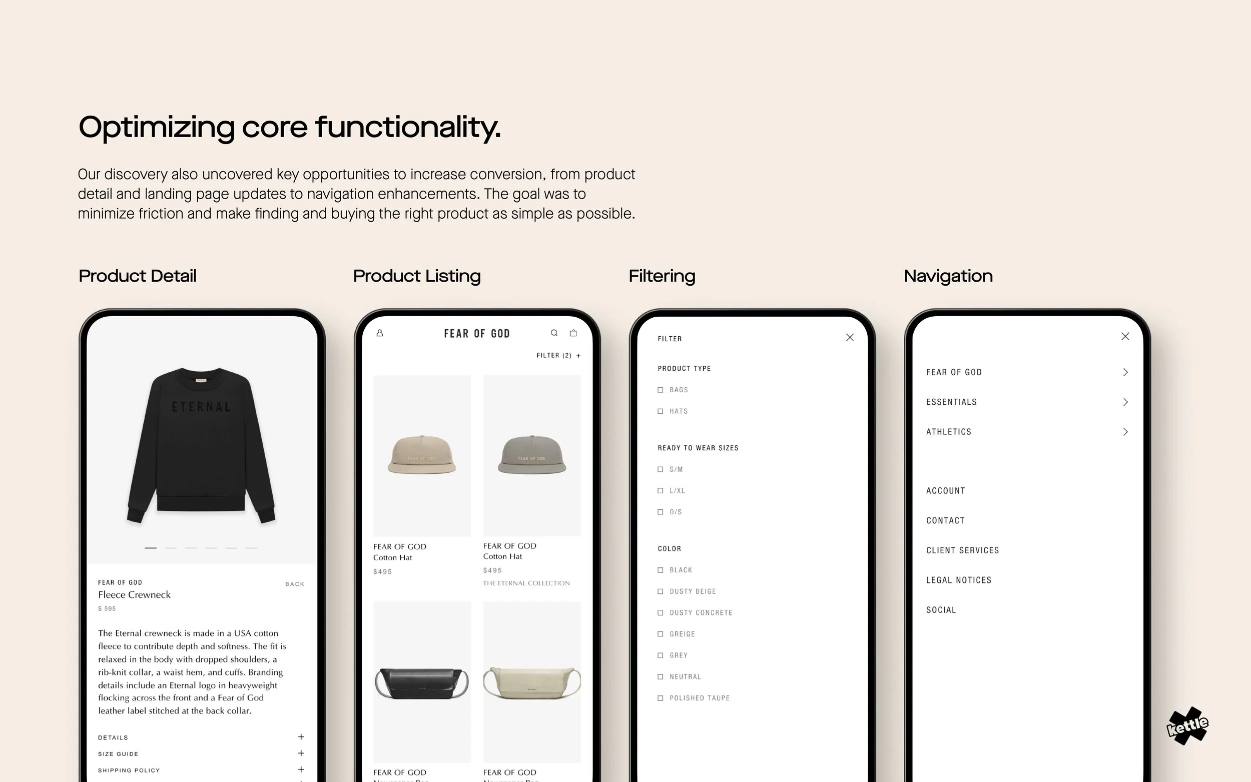 A step-by-step guide showing four mobile screens demonstrating an e-commerce app interface for the brand Fear of God. The screens include product detail, product listing, filtering options, and navigation menu.
