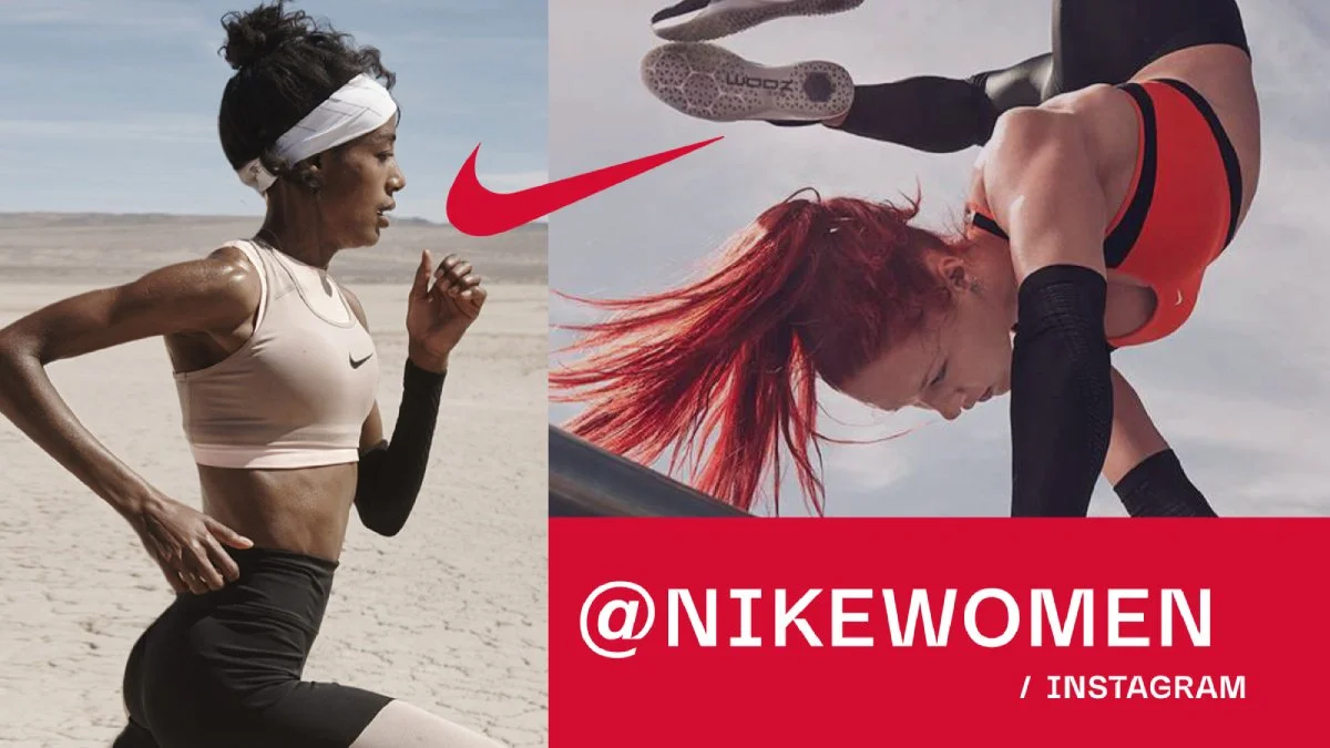 Two women, one running in a desert landscape and the other in mid-air performing a workout, with Nike logos and @NIKEWOMEN text.