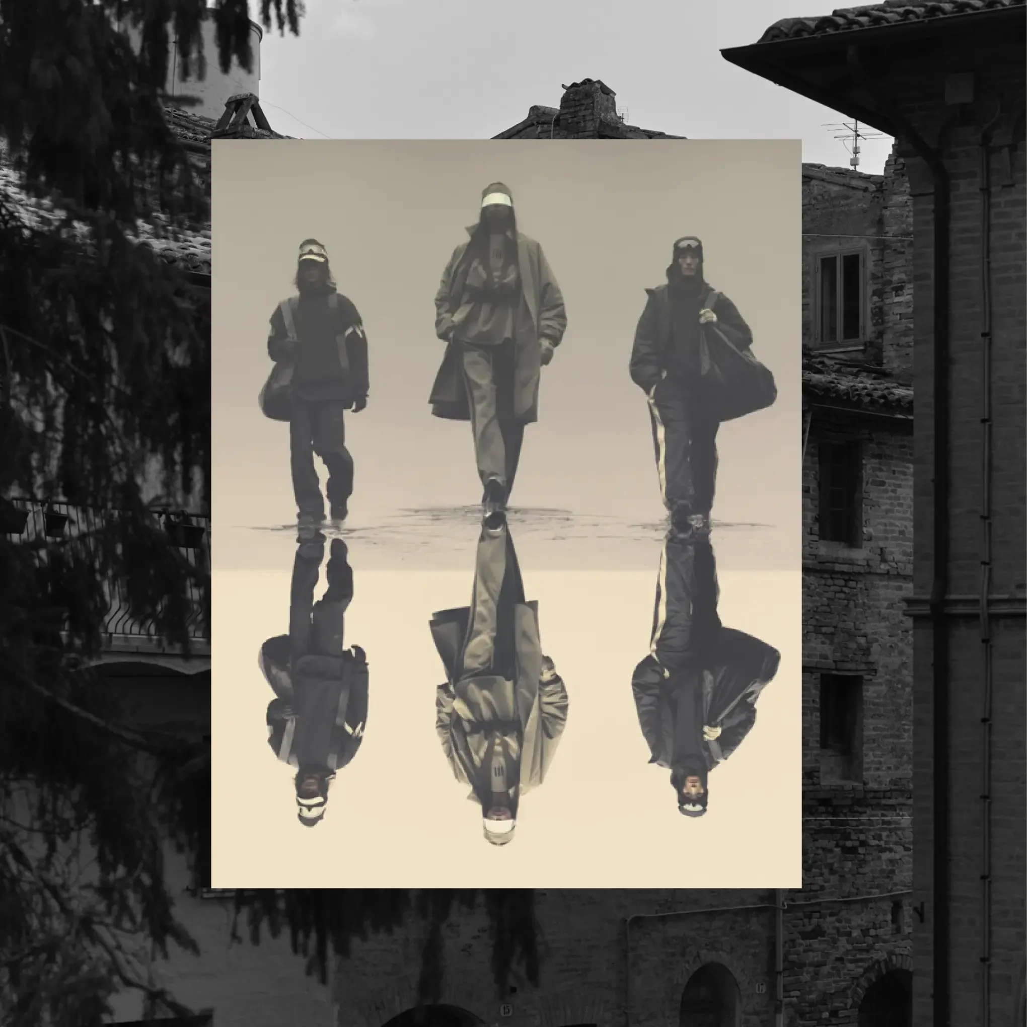 Black and white photo of three people walking, with their reflections visible in a water surface below them.