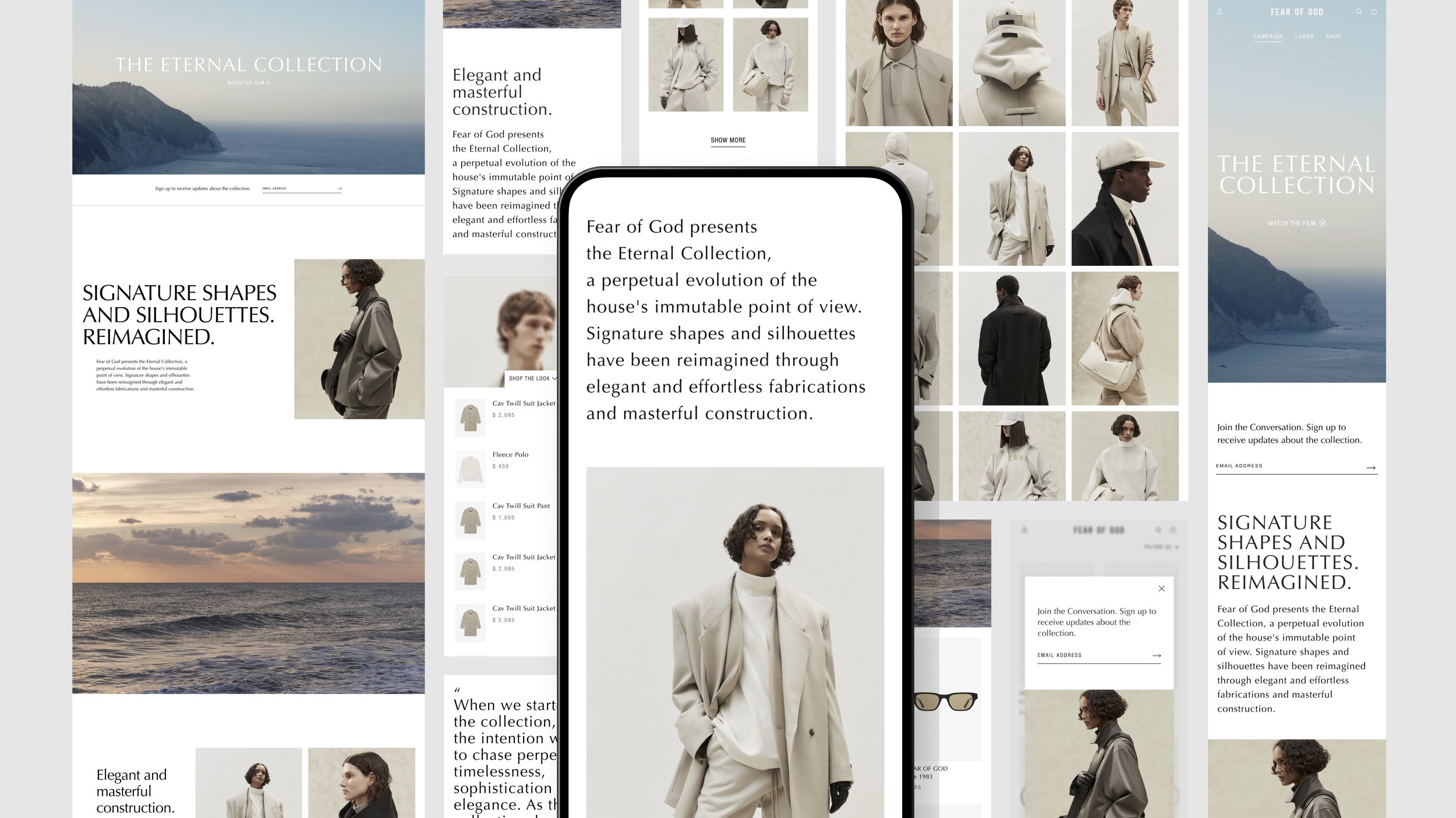 A collage of fashion website pages and a mobile device displaying text about the Eternal Collection by Fear of God, featuring images of models in neutral-colored clothing and scenic backgrounds such as the ocean and mountains.