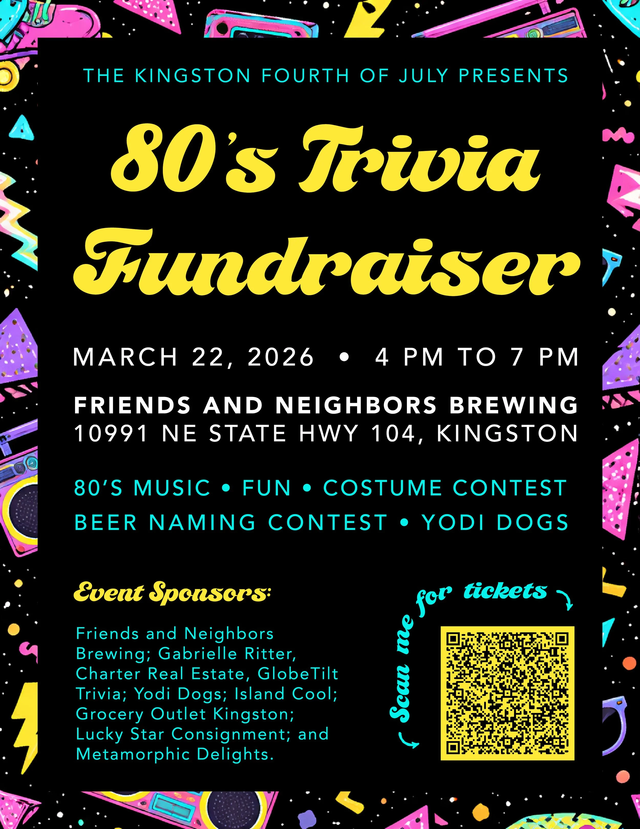 80's Trivia, 80's Music, Trivia, Fundraiser, Friends and Neighbors Brewing, Beer, Brewing, Kingston Fourth of July, Kingston 4th of July
