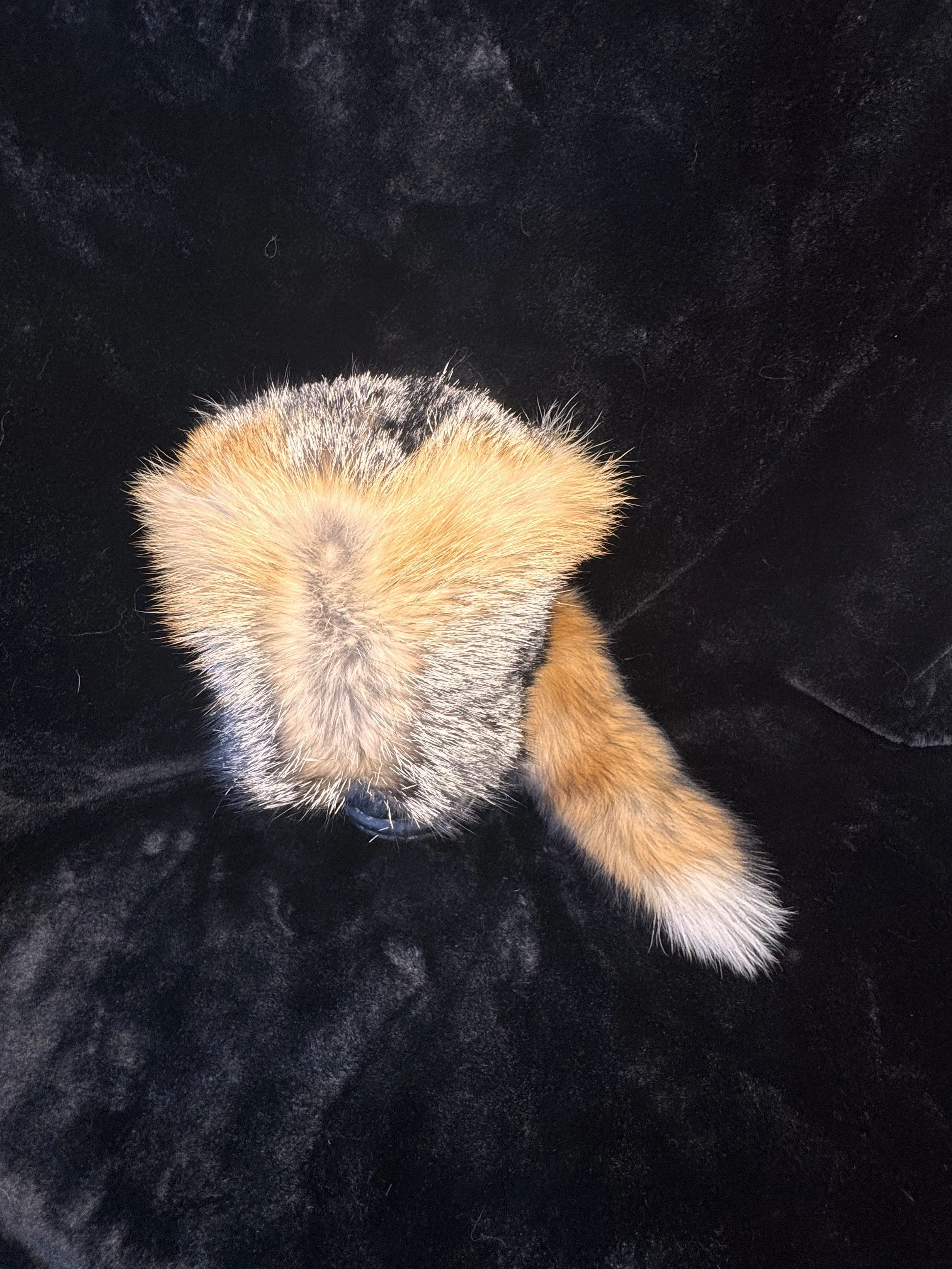 Grey fox fur hat with tail