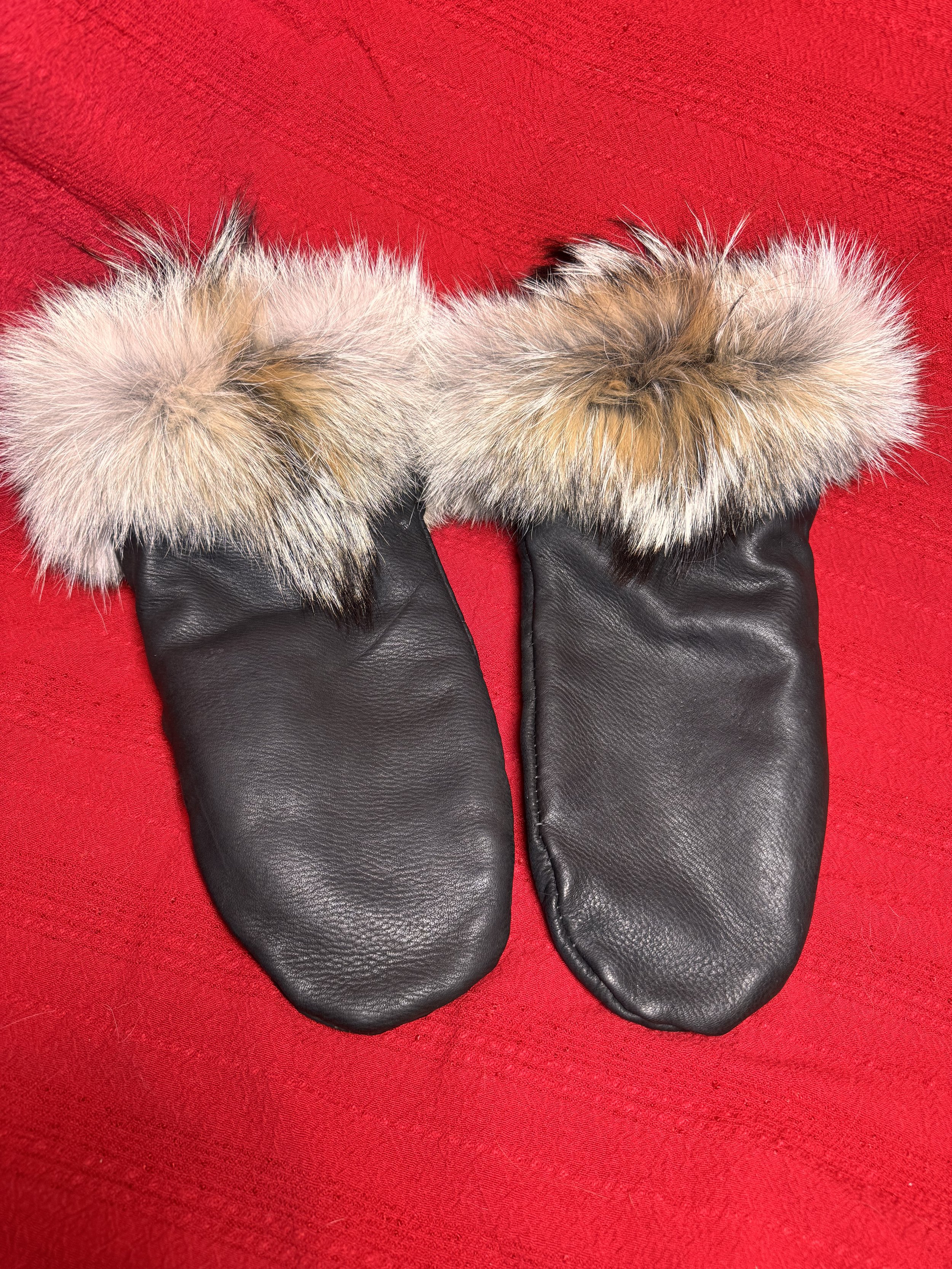 Black deer hide mushers with fur cuffs