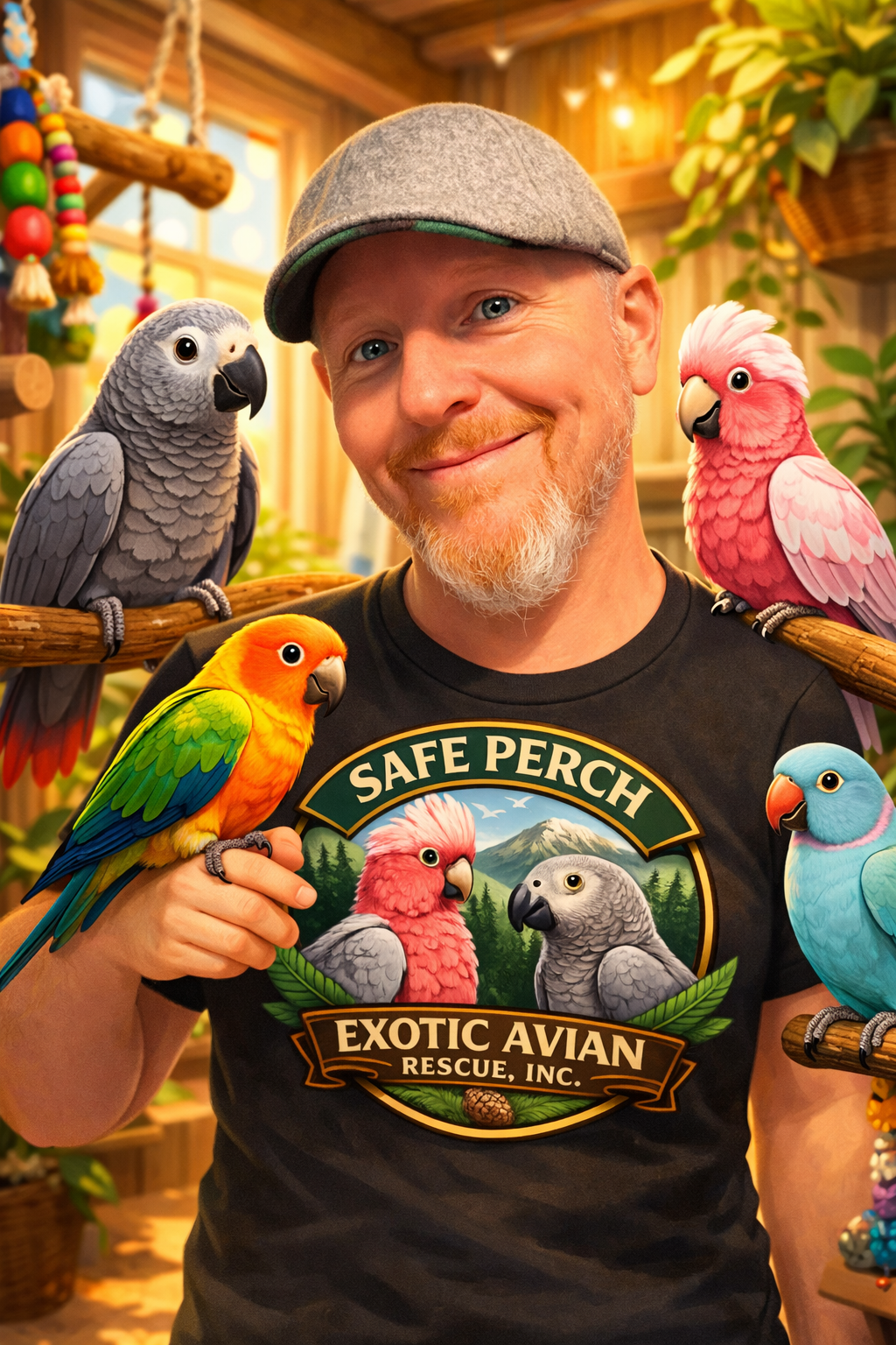 A man with a grey cap and a beard smiling, surrounded by colorful exotic parrots, inside a wooden room with plants and warm lighting.