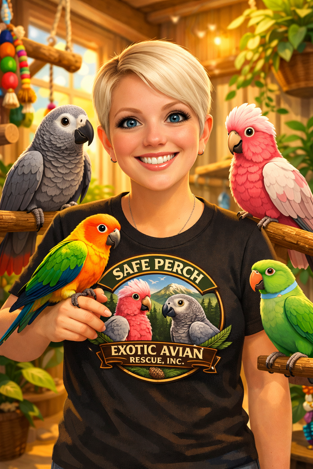 A woman with short blonde hair and a black T-shirt featuring a logo for Safe Perch Exotic Avian Rescue, Inc., surrounded by colorful parrots in a well-lit indoor setting.
