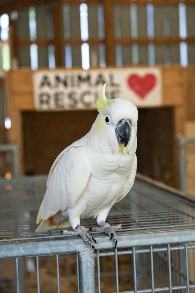 A white cockatoo parrot with a yellow crest sitting on a metal cage in front of a blurred background with a sign that reads 'Animal Rescue' and a red heart.